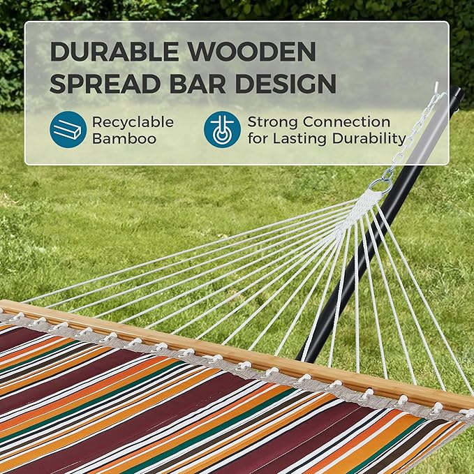 SUPERJARE Hammock with Stand, 2 Person Quilted Outdoor Hammock, Detachable Pillow & Bamboo Spreaders, Portable Hammock with Carrying Bag, Heavy Duty Stand, Perfect for Outside, Patio, Maple-Leaf Red