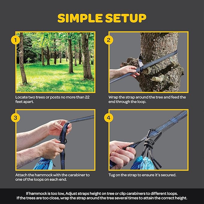 Durable Hammock 500 lb Capacity, Nylon Camping Hammock Chair - Double or Single Sizes w/Tree Straps and Attached Carry Bag - Portable for Travel/Backpacking (Large, Black with Net)
