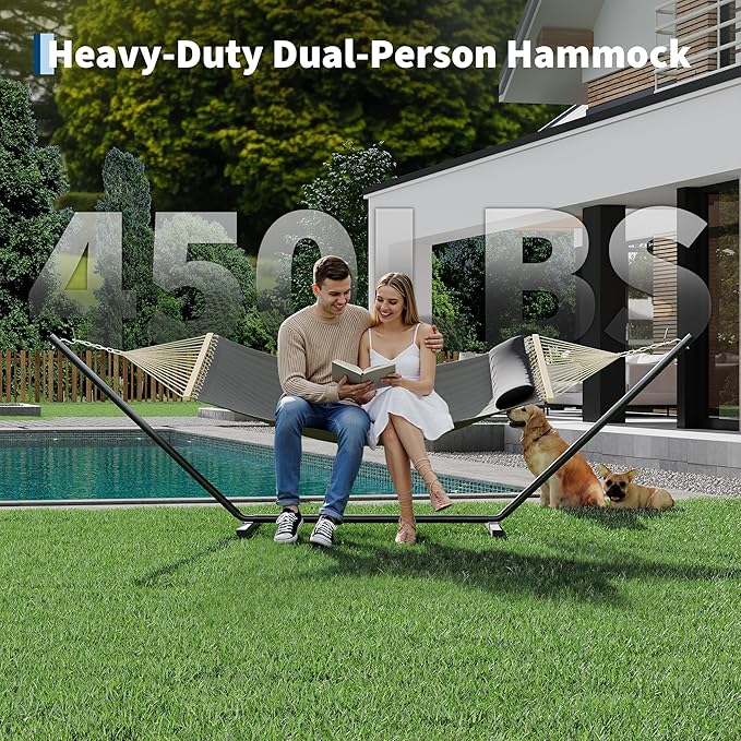 Garvee Double Hammock with Stand for Outdoor, Heavy Duty Portable 2 Person Hammock with Adjustable Steel Stand for Patio, Garden, Beach, Backyard