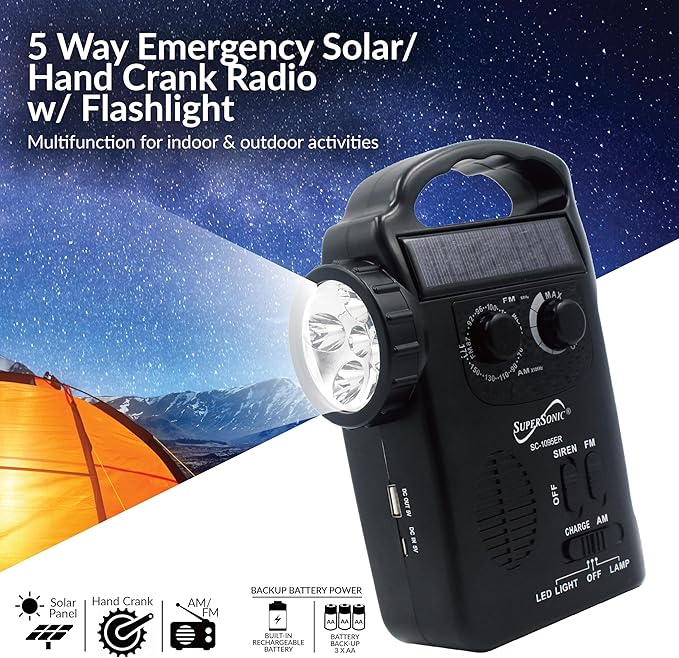 Supersonic SC-1095ER Emergency Solar/Hand Crank Radio w/Flashlight, 3 Power Supplies, Emergency Lantern, Speaker, AM/FM Radio, Solar Panel, Hand Generator, SOS Alarm, Phone Charger, 3xAA Compatible