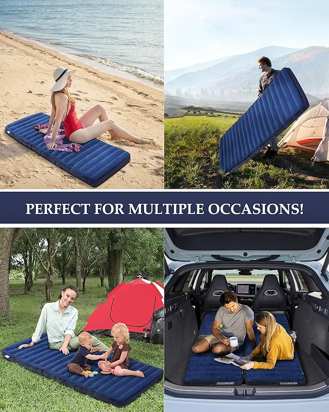 Inflatable Sleeping Pad for Camping, Extra-Thick 4.75" Single Air Mattress with Soft Velvet Top, Machine Washable, Family Lightweight 4-Season Pad for Traveling & Hiking, Blue
