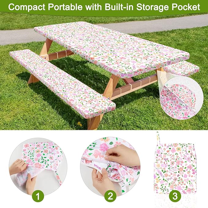 Picnic Table Cover with Bench Covers Portable Table Cloth Built-in Storage Pocket Fitted Tablecloth with Elastic Edges Waterproof Camping Essentials for Indoor Outdoor Rv,72in,Pink