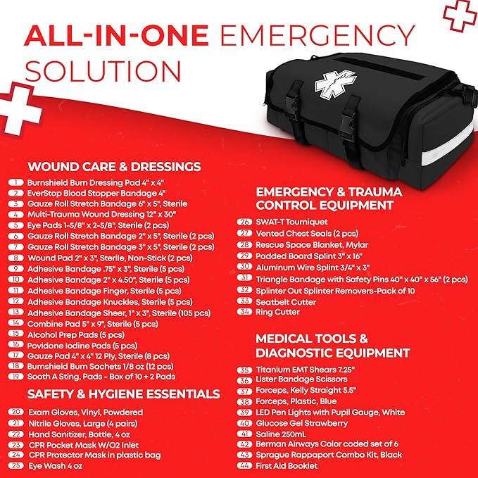 Fully Stocked Trauma Bag – Tactical First Responder Medical Kit with Tourniquet, Vented Chest Seals, Hemostatic Gauze, Trauma Shears, Bandages & Bleeding Control Supplies – Black