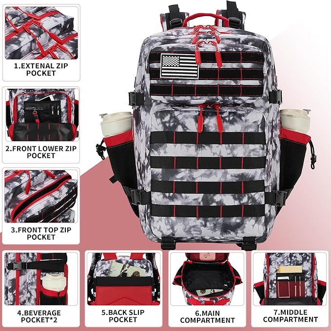 Lovelinks21 45L Tactical Assault Backpack 3 day assault pack with Molle Waterproof backpack Rucksack for Tactical Backpacks (Black White Red)