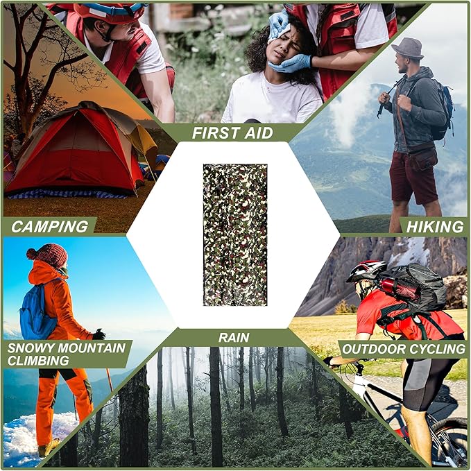 Preboun Camo Emergency Sleeping Bags Camo Blankets Emergency Shelter Survival Gear Portable Lightweight Thermal Bivy Sack Waterproof for Outdoor Camping Hiking Homeless Shelter