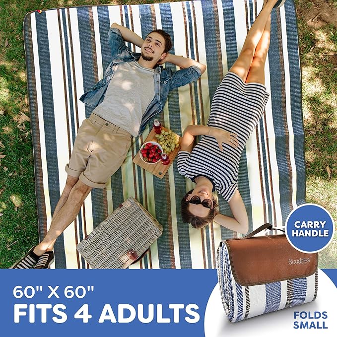 scuddles Extra Large Picnic Blanket – 60" x 60" Waterproof Outdoor Mat with Soft Dual-Layer Comfort, Foldable Travel Rug for Beach, Camping, Lawn, Parks & Family Picnics