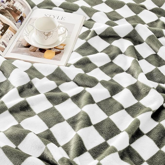 Edenleaf Checkered Blanket Flannel Throw Blankets Soft Cozy Checkered Grid Print Chessboard Gingham Pattern Throws for Bed Sofa Couch for All Seasons, 50x60 Inch, Dark Olive