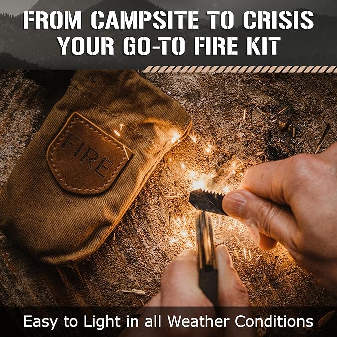 Mini Emergency Fire Starter Kit 4.5” x 2.5” x 1”, 2.5oz - Compact All-Weather Survival Fire Making Kit with Ferro Rod, Cerastrike Ceramic Scraper, Tinder Tabs & Canvas Storage Bag