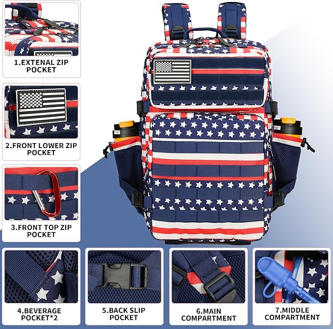 Lovelinks21 45L Tactical Assault Backpack 3 day assault pack with Molle Waterproof backpack Rucksack for Tactical Backpacks (Striped Flag)