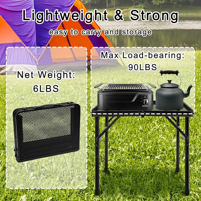 jkwokback Grill Table Camping Table Portable Folding Table,Height Adjustable Collapsible with Mesh Desktop,Lightweight Metal Table for Camp, BBQ, Picnic, RV, Outdoor Cooking, Travel