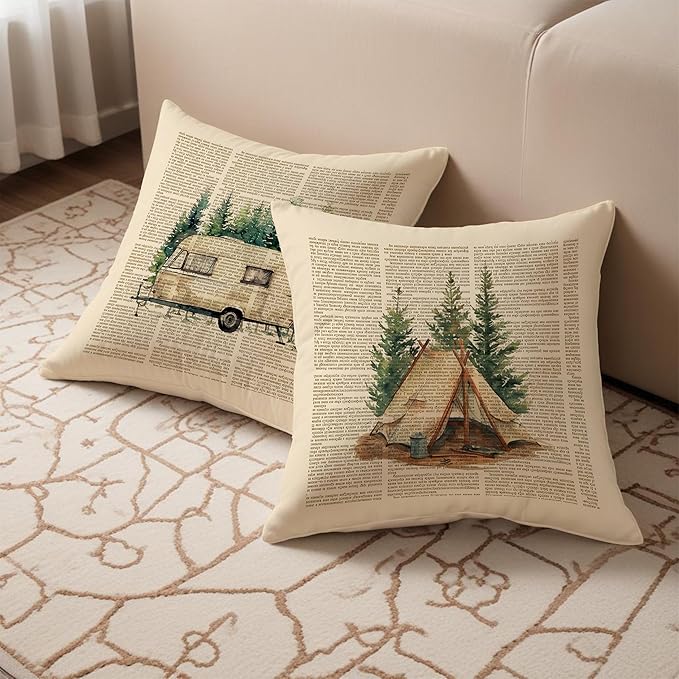 Vintage Camping Pillow Covers 18x18 Set of 2, Gifts for Campers Camping Lovers, Retro Forest Camper Camp Decorative Throw Pillow Covers for Couch Sofa Bedroom Living Room Home