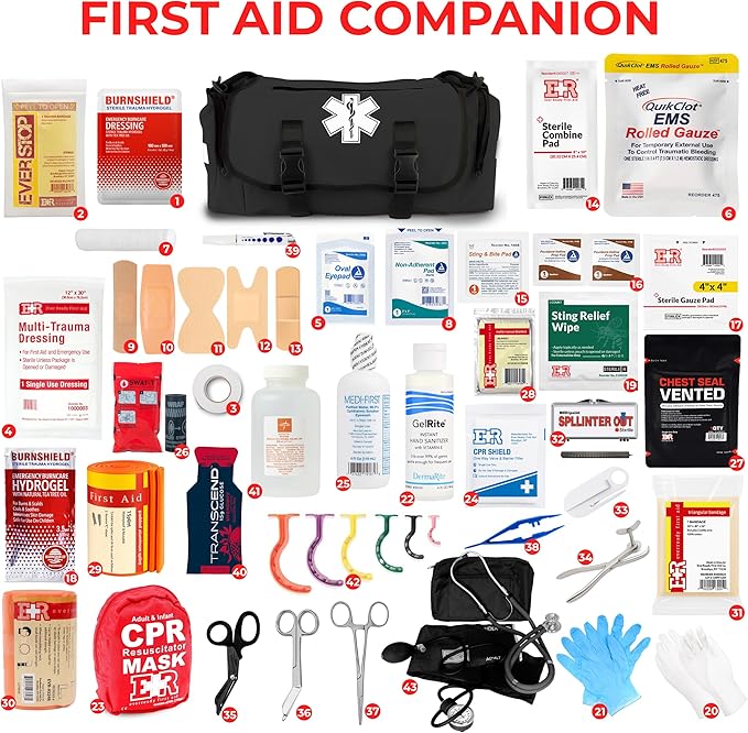Fully Stocked Trauma Bag – Tactical First Responder Medical Kit with Tourniquet, Vented Chest Seals, Hemostatic Gauze, Trauma Shears, Bandages & Bleeding Control Supplies – Black