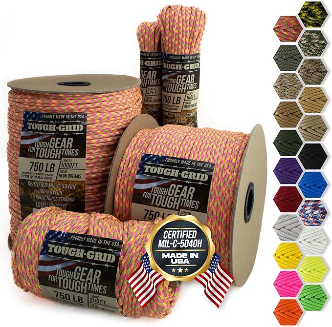 TOUGH-GRID 750 Paracord Military Grade Nylon Rope - Type IV Mil-Spec Made in USA - Tactical Survival Cord