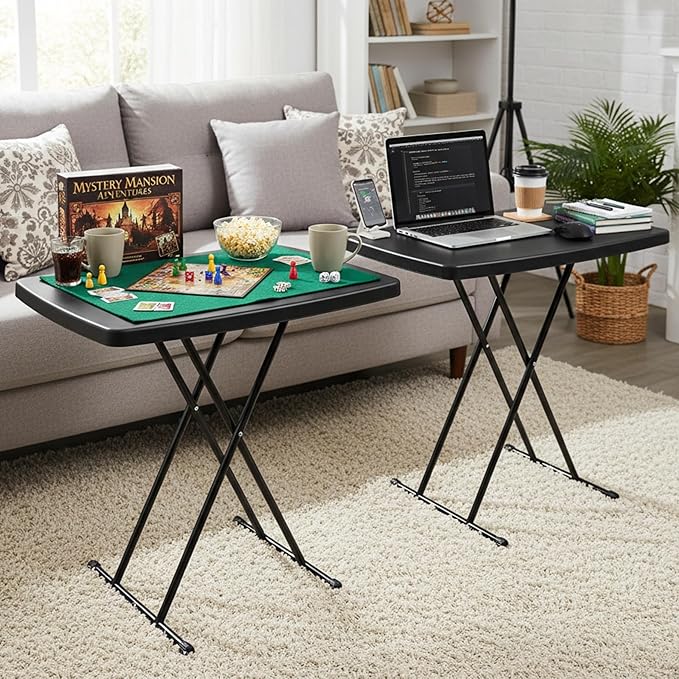 Lavish Home Portable Folding Tables - Lightweight Portable Folding Desk with Adjustable Height - Small Indoor Outdoor Plastic Table for TV Tray, Playing Cards & Craft Room (Set of 2/Black/2.5 FT)