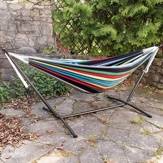Vivere Double Cotton Hammock with Space Saving Steel Stand, Upgraded Polyester End Strings 450 lb Capacity - Premium Carry Bag Included - USA Grown Cotton (Rio Night)