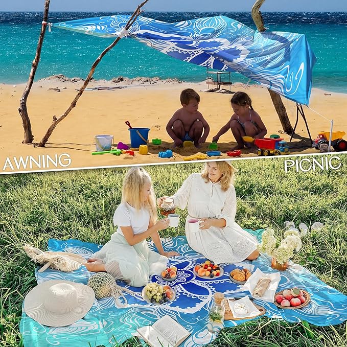BYDOLL Beach Blanket Waterproof Sandproof Large Sand Free, 78''X81'' Oversized Sandless Lightweight Blanket Picnic Mat for Beach Travel Camping Hiking with Stakes