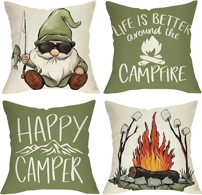 Happy Camper Gnome Green Decorative Throw Pillow Covers 18 x 18 Set of 4, Camping Life is Better Around The Campfire Porch Outdoor Home Decor, Adventure Campsite Mountain Couch Cushion Case