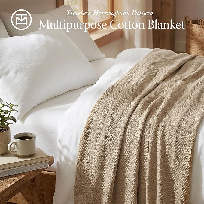 Threadmill Luxury Cotton Blankets for Twin Size Bed | All-Season 100% Cotton Twin Blanket for Bed | Herringbone, Soft & Cozy Fall Thermal Blanket, 350GSM, 68x92 inches | Beige