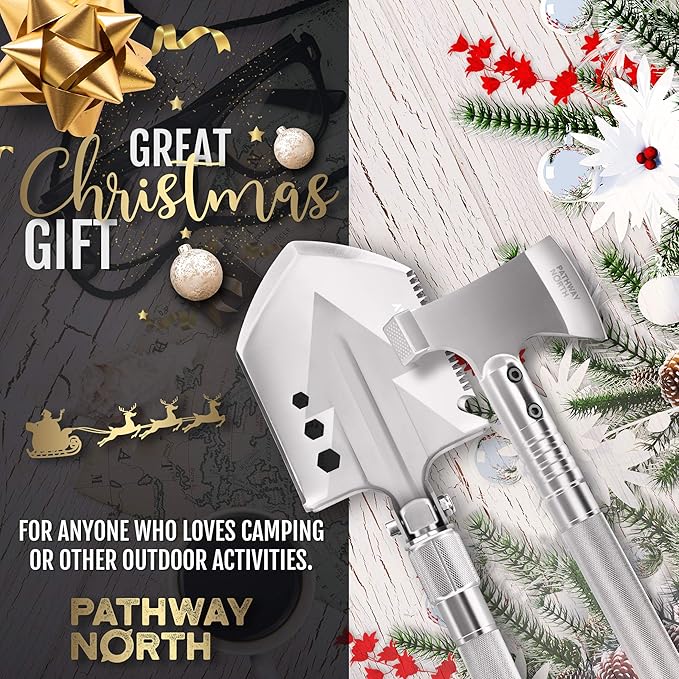 Survival Shovel and Camping Axe – Stainless Steel Tactical Survival Multi-Tool and Survival Hatchet Equipment for Outdoor Hiking Camping Gear, Hunting, Backpacking Emergency Kit(Silver)