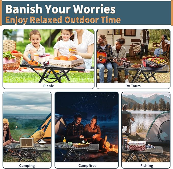 HPC DECOR Grill Table with Mesh Desktop,200lbs 3Ft Portable Folding Table,Camping Table,Picnic Table,Height Adjustable Metal Table for Ourdoor, Camping, Picnic, BBQ and Beach, RV, 35.4" L x 23.6" W