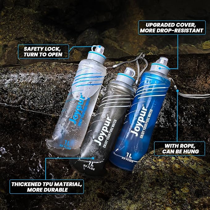 Water Filter Survival - Collapsible Water Bottle with Filter 0.01 Micron Squeeze Filtered Water Bottle 22oz for Hiking Backpacking Camping BPA-Free(Grey 650ml)
