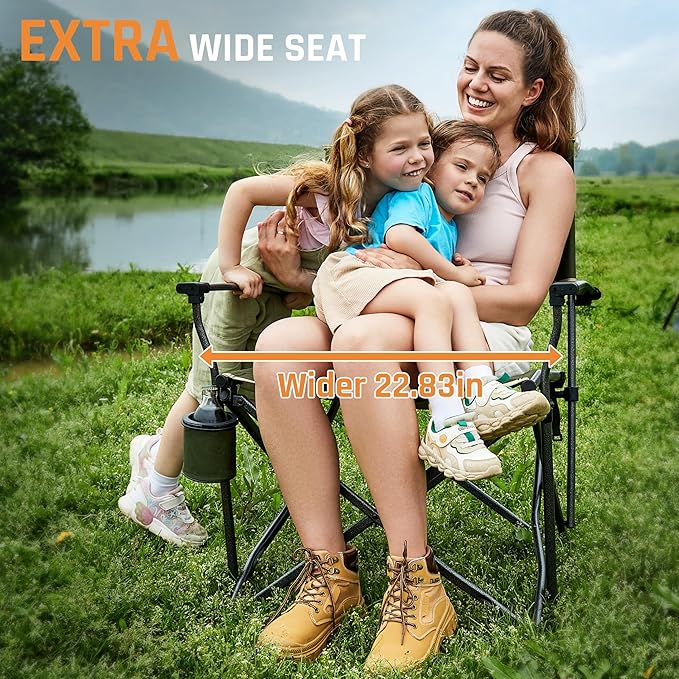 DMH OUTDOORS 2 Pack Oversized Camping Chairs for Adults Heavy Duty 400 LBS, Folding Camp Chair with Hard Metal Armrests & Swivel Cup Holder, Portable Lawn Chair for Outdoor, RV, Tailgating, Green