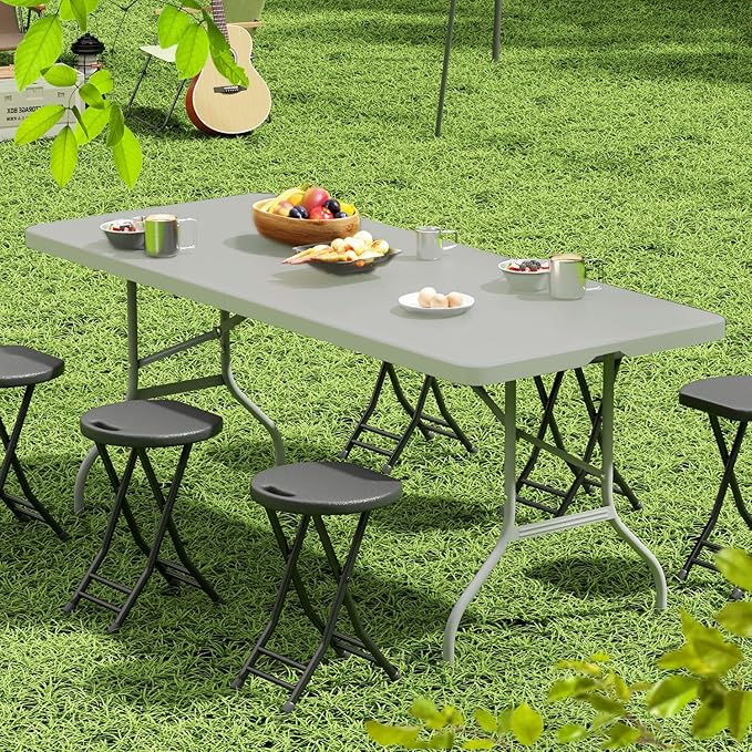 OS MOTOR 4ft Folding Table with Carry Handle, Portable Heavy Duty Plastic Utility Table with Steel Legs for Party, Wedding, Camping, Indoor, Outdoor Event, 48 Inch, Gray