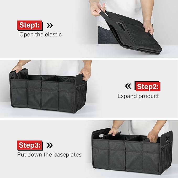 Simple Deluxe Trunk Organizer for Car/SUV/Truck, Collapsible 2 Compartment Automotive Storage Box, 600D Waterproof Oxford Polyester 50L Travel Accessories, Anti-slip & Leak-proof, Black