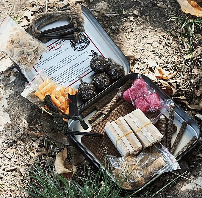 TinFerno Fire Starting Kit – 100pc Fire Starter for Campfires, Ferro Rod, Magnesium Flint, Char Cloth, Fatwood, Fire Kit, Hemp Wick, Camping, Bushcraft & Survival - Emergency Fire Starter Kit
