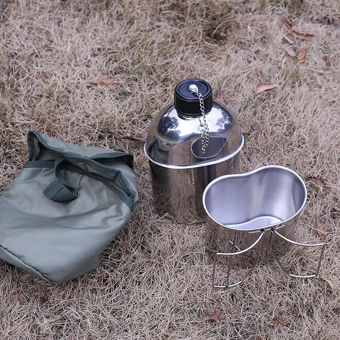 Goetland Stainless Steel WWII US Army Canteen Water Bottle Military Canteen Kit 1.3QT with 0.6QT Cup Nylon Pouch G.I.