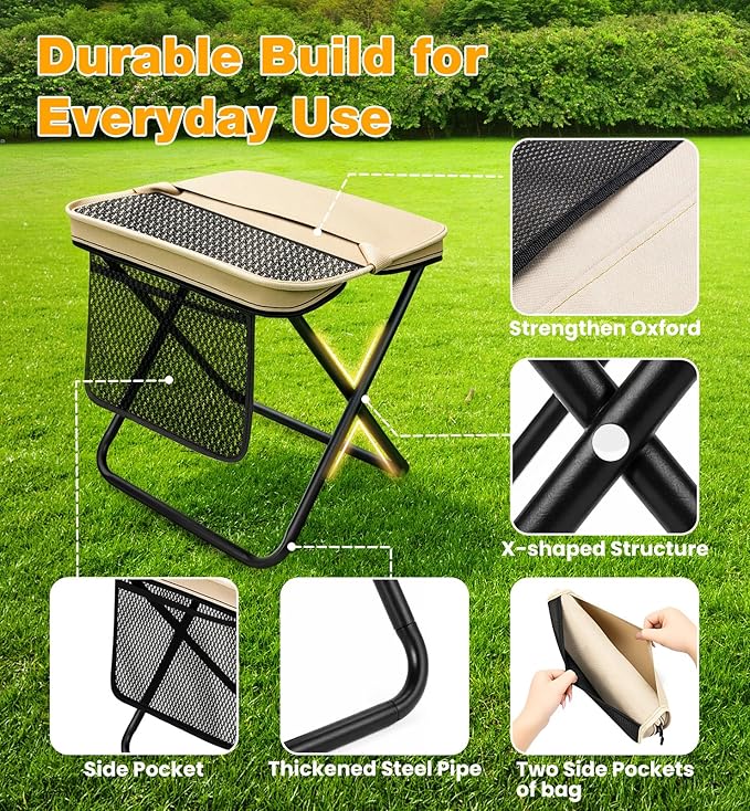 XL Portable Chairs for Adults, 14.2" Tall & Wide Knee-Friendly Folding Stool Pocket Chair, Foldable Backpack Stool, Heavy Duty Collapsible Camping Seat for Fishing Travel - Khaki