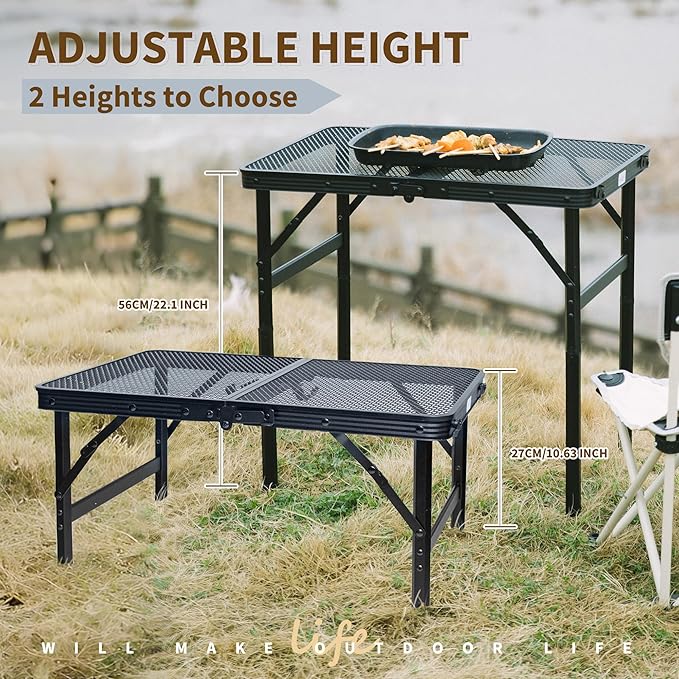 HPC Decor Folding Grill Table-Camping Table with Mesh Desktop,Portable Picnic Table with Carry Handle,27/56cm Height Adjustable Metal Table-Outdoor Grill Table,Folding Table for Outside Inside Use.