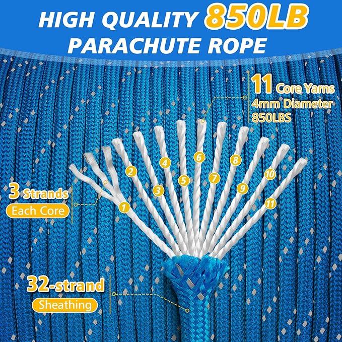 Reflective Paracord Rope 850Ib, 50/100/200/500/1000ft 4MM 11 Strand para Cords Lanyard Utility Parachute Cord for Tent Camping Hiking Survival Tactical Clothesline DIY Projects (Blue, 100FT)