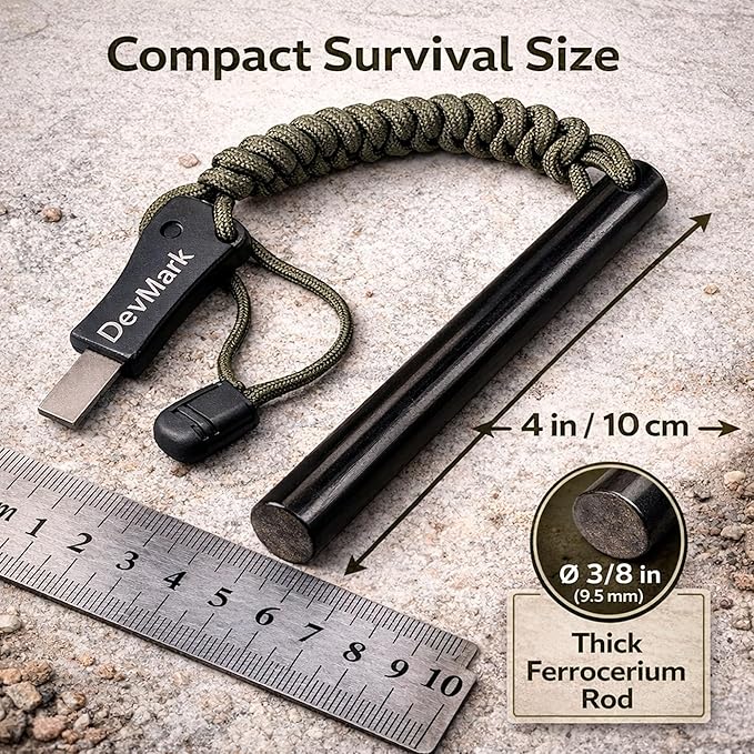 Ferrocerium Fire Starter with Paracord Lanyard and HSS Striker, 3/8" Long Ferro Rod Fire Steel for for Camping, Bushcraft, Survival & Emergency Use