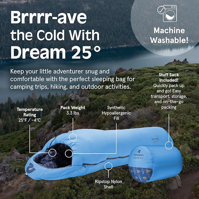 Retrospec Dream 25 Kids Sleeping Bag for Camping - Mummy Style, Water-Resistant, Lightweight 3lbs 3oz, Adjustable Length, Draft Collar, 25°F Rating