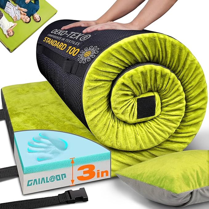 GAIALOOP 3 Inch Memory Foam Camping Mattress, Dual Layer Thick Sleeping Camp Pad for Car Tent Cot, Roll-Up Portable Glamping Floor Bed for Guests Sleepover