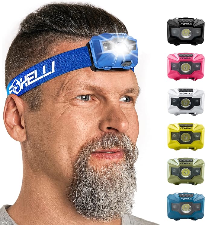 Foxelli USB‑C Rechargeable LED Headlamp – Ultra‑Light 2.4 oz & Bright 180 Lumens – Red/White Light, 5 Modes, IPX5 Waterproof, 40 h Runtime for Trail Running, Camping, Hiking