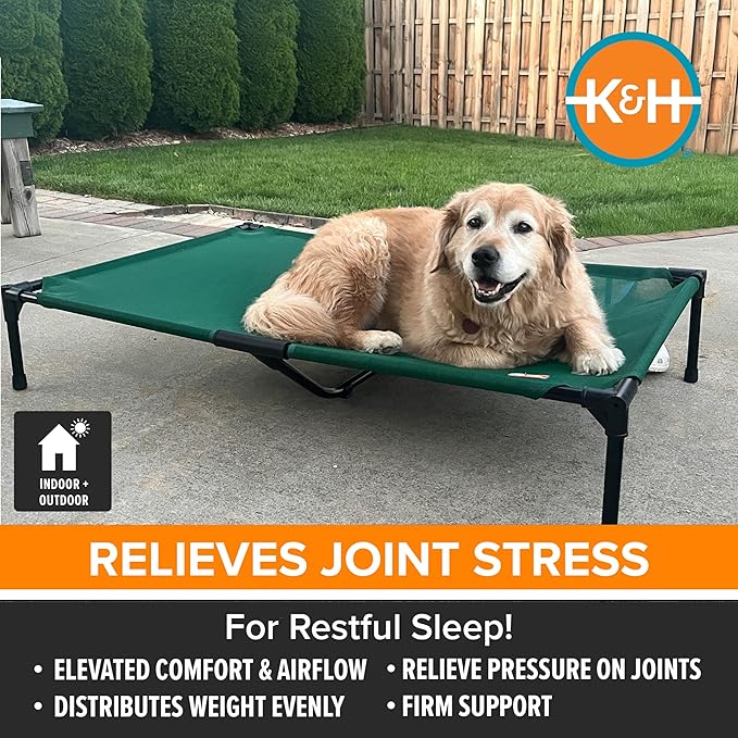 K&H Outdoor Elevated Dog Bed - Cooling Raised Dog Bed for Medium & Large Pets, Breathable Mesh Hammock Design, Indoor/Outdoor Washable Cover, Portable Metal Frame, Green, Large 42x30in