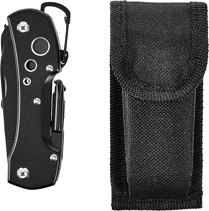 Amazon Basics 15-in-1 Stainless Steel Multitool Pocket Knife with Sheath for Hiking, Camping, Survival, Black, Pocket Size