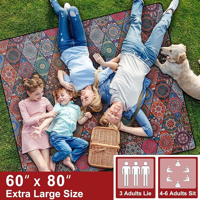 60x80" Picnic Blankets Waterproof Beach Blanket Outdoor Sandproof Foldable Park Lawn Grass Concert Mat Portable Tent Rugs Camper Inside Outside Camping Gifts Accessories Road Trip Necessities