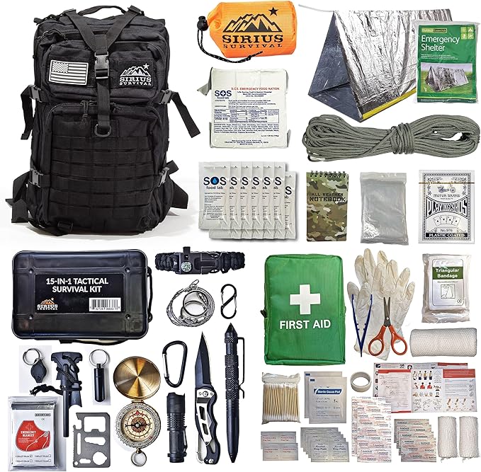 Sirius: Bug Out Bag Starter Kit - 72 Hour Kit for 1 Person – Backpack Survival Kit – 50L Tactical Backpack, US Made Food & Water, Medical Supplies & Survival Tools