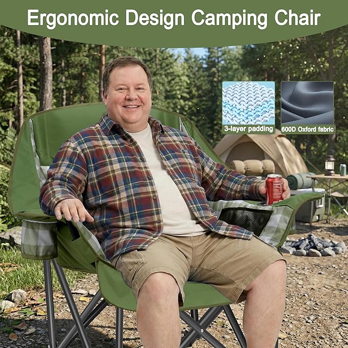 Youtanic Padded Camping Chairs for Adults, Heavy Duty 400 lbs Foldable Lawn Chair, Oversized Ergonomic Outdoor Seat with Classic Plaid Design, Cup Holders & Storage Pockets for Fishing, Sports, Green