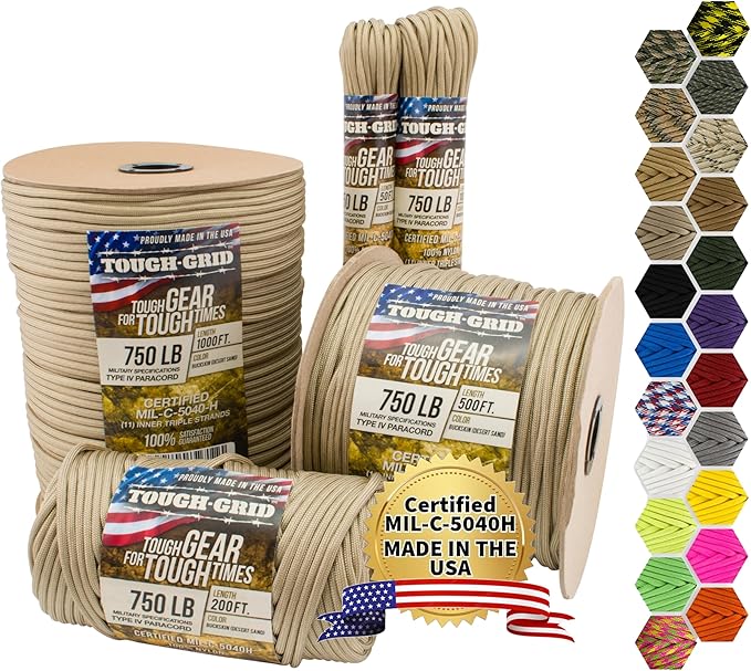 TOUGH-GRID 750 Paracord Military Grade Nylon Rope - Type IV Mil-Spec Made in USA - Tactical Survival Cord