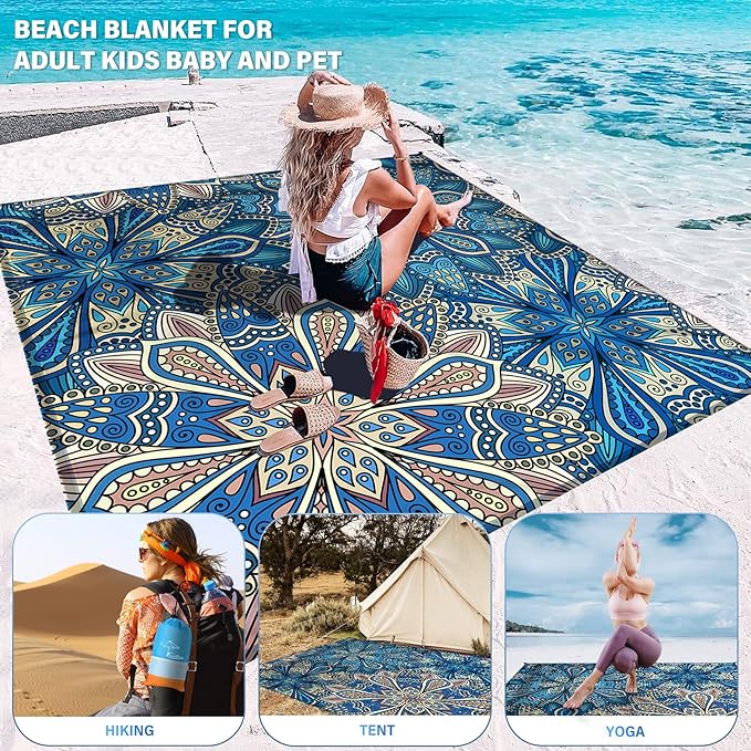 Famstar Beach Blanket Oversized Extra Large78 X 110",Waterproof Sandproof Beach Blanket 2-8 Adults Lightweight Durable for Travel Camping Hiking Picnic