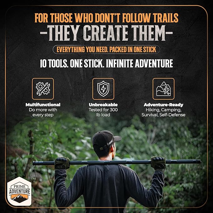 Prime Adventure 15-in-1 Tactical Survival Walking Stick & Hiking Staff – Heavy-Duty Collapsible Multitool for Camping, Hiking & Outdoor Survival Gear (8 Tubes, Premium Build)