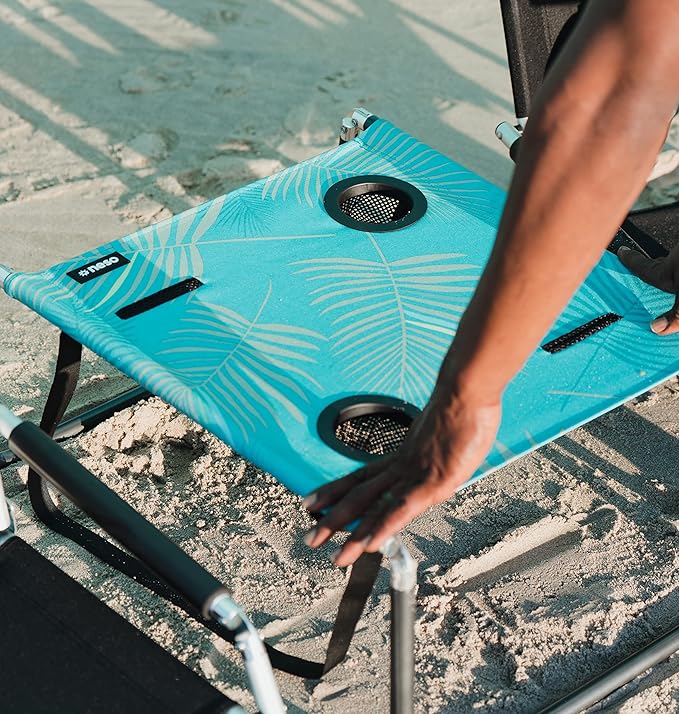 Neso Beach Table - Lightweight, Portable and Foldable Table for Beach, Camping and Outdoor Adventures - Stable Surface - with Cup Holder for Drinks and Phone Pockets - Aqua Fronds