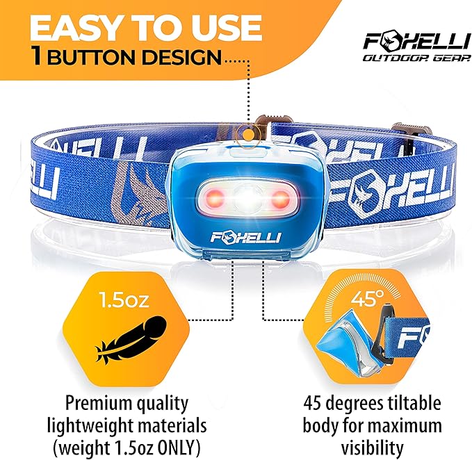 Foxelli LED Headlamp Flashlight for Adults & Kids, Running, Camping, Hiking Head Lamp with White & Red Light, Comfortable Headband, Lightweight & Waterproof, 3 AAA Batteries