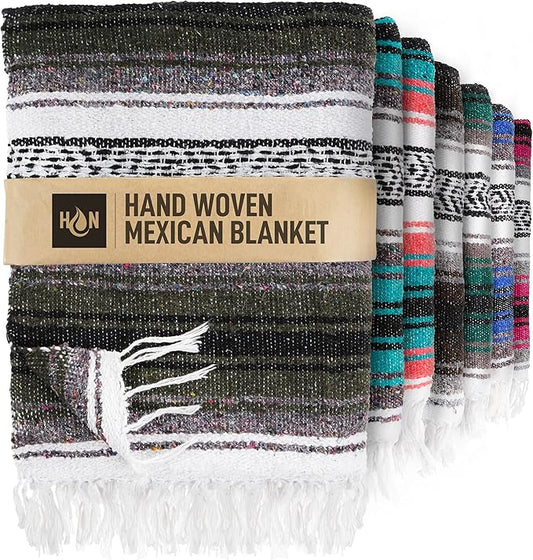 Hydration Nation Authentic Extra Large Mexican Blanket - 70"x50" Handwoven Yoga, Serape, Artisanal Falsa - Camping, Picnic, Outdoor (Military Green)