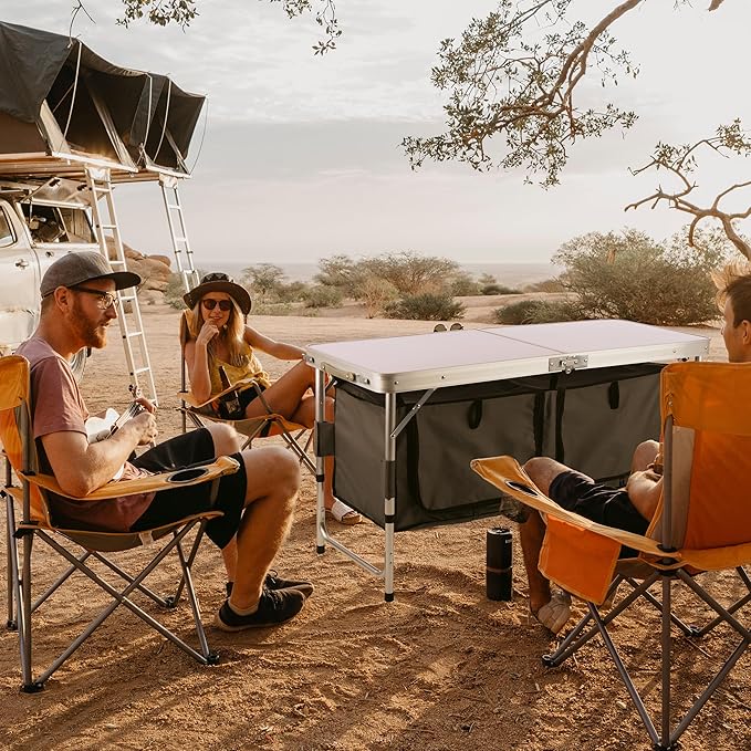 Folding Camping Table with Storage - Lightweight and Portable Aluminum Camp Table with Adjustable Height for Outdoor Travel, Beach, BBQ, Party, Picnic, and Glamping by Wakeman Outdoors