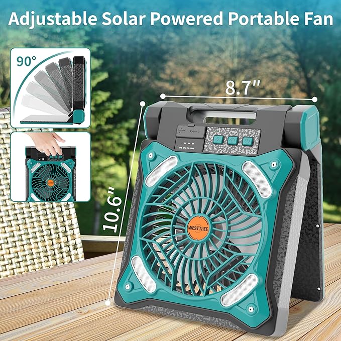 WESTTREE Solar Fan Battery Powered Rechargeable Solar Camping Fan with Led Lantern & Power Bank Foldable Angle USB Personal Fans for Travel Outdoor Camping Tents X98 Cyan